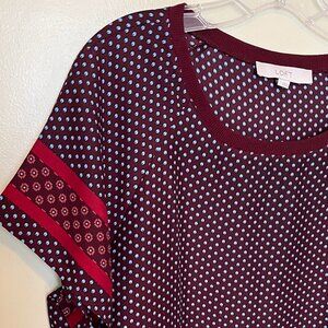 Ann Taylor Loft Women's Maroon & Blue polk-a-dot Blouse, Size L.